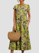Women's Geometric Print Midi Dress – Round Neck Cap Sleeve Gathered Waist Pockets