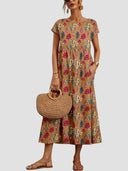 Women's Geometric Print Midi Dress – Round Neck Cap Sleeve Gathered Waist Pockets