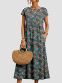 Women's Geometric Print Midi Dress – Round Neck Cap Sleeve Gathered Waist Pockets