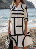 Women's Geometric Print Shirt Dress – Collared Roll Sleeve Full Button Front Midi