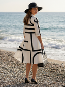 Women's Geometric Print Shirt Dress – Collared Roll Sleeve Full Button Front Midi