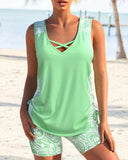Women's Geometric Print Tankini Set – V Neck Criss Cross Strap Tummy Control