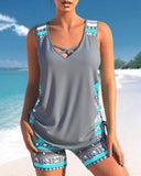 Women's Geometric Print Tankini Set – V Neck Criss Cross Strap Tummy Control