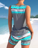 Women's Geometric Print Tankini Set – V Neck Criss Cross Strap Tummy Control