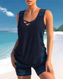 Women's Geometric Print Tankini Set – V Neck Criss Cross Strap Tummy Control