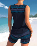 Women's Geometric Print Tankini Set – V Neck Criss Cross Strap Tummy Control