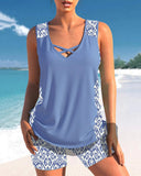 Women's Geometric Print Tankini Set – V Neck Criss Cross Strap Tummy Control