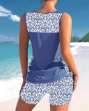 Women's Geometric Print Tankini Set – V Neck Criss Cross Strap Tummy Control