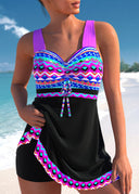Women's Geometric Print Tankini Set – V Neck Drawstring Swim Dress Swimwear