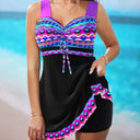 Women's Geometric Print Tankini Set – V Neck Drawstring Swim Dress Swimwear