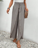 Women's Geometric Print Wide Leg Pants – Smocked Drawstring Waist Boho Pants