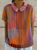 Women's Geometric Stripe Print Top – Collared Short Sleeve Casual Everyday Shirt