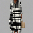 Women's Geometric Striped Midi – V Neck Long Sleeve Casual Summer Dress