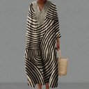 Women's Geometric Wave Stripe Midi – V Neck Three Quarter Sleeve Oversized Dress