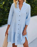 Women's Gingham Check Mini Dress – V Neck 3/4 Sleeve Button Front Tiered Summer