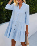 Women's Gingham Check Mini Dress – V Neck 3/4 Sleeve Button Front Tiered Summer