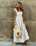 Women's Gingham Maxi Dress – Square Neck Smocked Bodice Ruffle Strap Tiered Summer