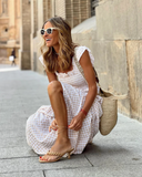 Women's Gingham Maxi Dress – Square Neck Smocked Bodice Ruffle Strap Tiered Summer