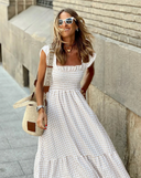 Women's Gingham Maxi Dress – Square Neck Smocked Bodice Ruffle Strap Tiered Summer