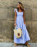 Women's Gingham Maxi Dress – Square Neck Smocked Bodice Ruffle Strap Tiered Summer