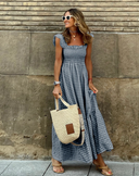 Women's Gingham Maxi Dress – Square Neck Smocked Bodice Ruffle Strap Tiered Summer