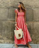 Women's Gingham Maxi Dress – Square Neck Smocked Bodice Ruffle Strap Tiered Summer