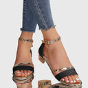 Women's Glitter Two-Tone Heeled Sandals – Open Toe Ankle Strap Crystal Pendant Block Heel