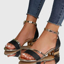 Women's Glitter Two-Tone Heeled Sandals – Open Toe Ankle Strap Crystal Pendant Block Heel