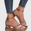 Women's Glitter Two-Tone Heeled Sandals – Open Toe Ankle Strap Crystal Pendant Block Heel