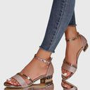 Women's Glitter Two-Tone Heeled Sandals – Open Toe Ankle Strap Crystal Pendant Block Heel