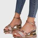 Women's Glitter Two-Tone Heeled Sandals – Open Toe Ankle Strap Crystal Pendant Block Heel