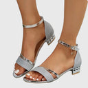 Women's Glitter Two-Tone Heeled Sandals – Open Toe Ankle Strap Crystal Pendant Block Heel