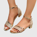 Women's Glitter Two-Tone Heeled Sandals – Open Toe Ankle Strap Crystal Pendant Block Heel