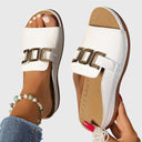 Women's Gold Hardware Flat Slide Sandals – Open Toe Slip On Casual Summer Mule