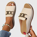 Women's Gold Hardware Flat Slide Sandals – Open Toe Slip On Casual Summer Mule