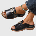 Women's Gold Hardware Flat Slide Sandals – Open Toe Slip On Casual Summer Mule
