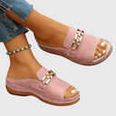 Women's Gold Hardware Wedge Slide Sandals – Open Toe Slip On Casual Summer Mule