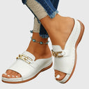 Women's Gold Hardware Wedge Slide Sandals – Open Toe Slip On Casual Summer Mule