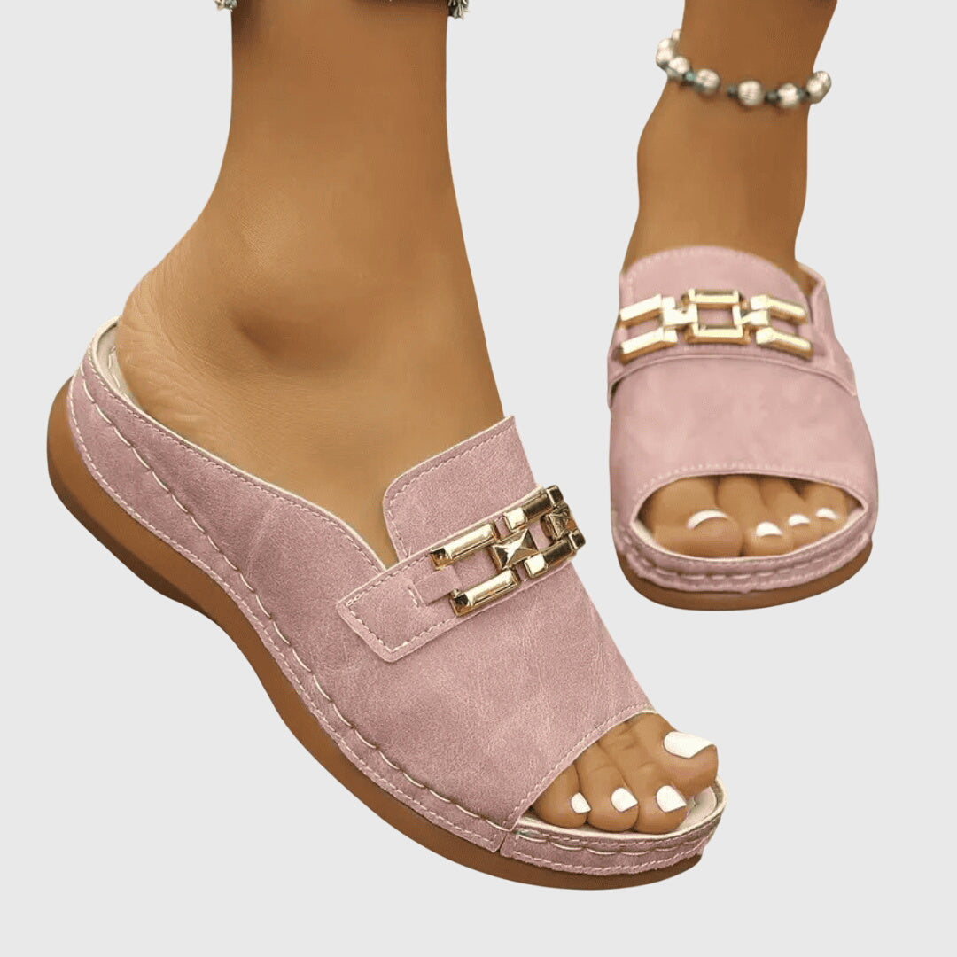 Women's Gold Hardware Wedge Slide Sandals – Open Toe Slip On Casual Su ...