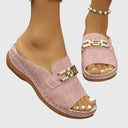 Women's Gold Hardware Wedge Slide Sandals – Open Toe Slip On Casual Summer Mule