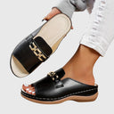 Women's Gold Hardware Wedge Slide Sandals – Open Toe Slip On Casual Summer Mule