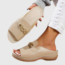 Women's Gold Hardware Wedge Slide Sandals – Open Toe Slip On Casual Summer Mule