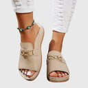 Women's Gold Hardware Wedge Slide Sandals – Open Toe Slip On Casual Summer Mule