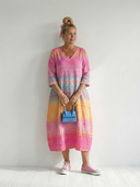 Women's Gradient Stripe Linen Midi – V Neck 3/4 Sleeve Balloon Hem Casual Summer Dress