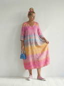 Women's Gradient Stripe Linen Midi – V Neck 3/4 Sleeve Balloon Hem Casual Summer Dress