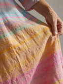 Women's Gradient Stripe Linen Midi – V Neck 3/4 Sleeve Balloon Hem Casual Summer Dress
