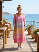 Women's Gradient Stripe Linen Midi – V Neck 3/4 Sleeve Balloon Hem Casual Summer Dress
