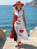 Women's Graphic Face Print Maxi – Split V Neck Sleeveless A-Line Beach Summer Dress