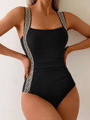 Women's Greek Key One Piece Swimsuit – Square Neck Wide Strap Side Trim Swimwear