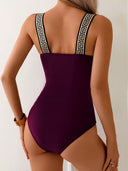 Women's Greek Key One Piece Swimsuit – Square Neck Wide Strap Side Trim Swimwear